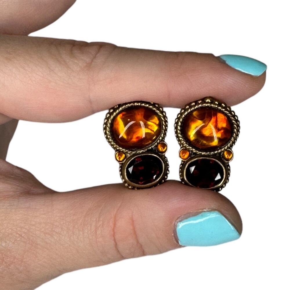 Stephen Dweck Vintage Estate Clip On Earrings Citrine Amber Bronze Quartz